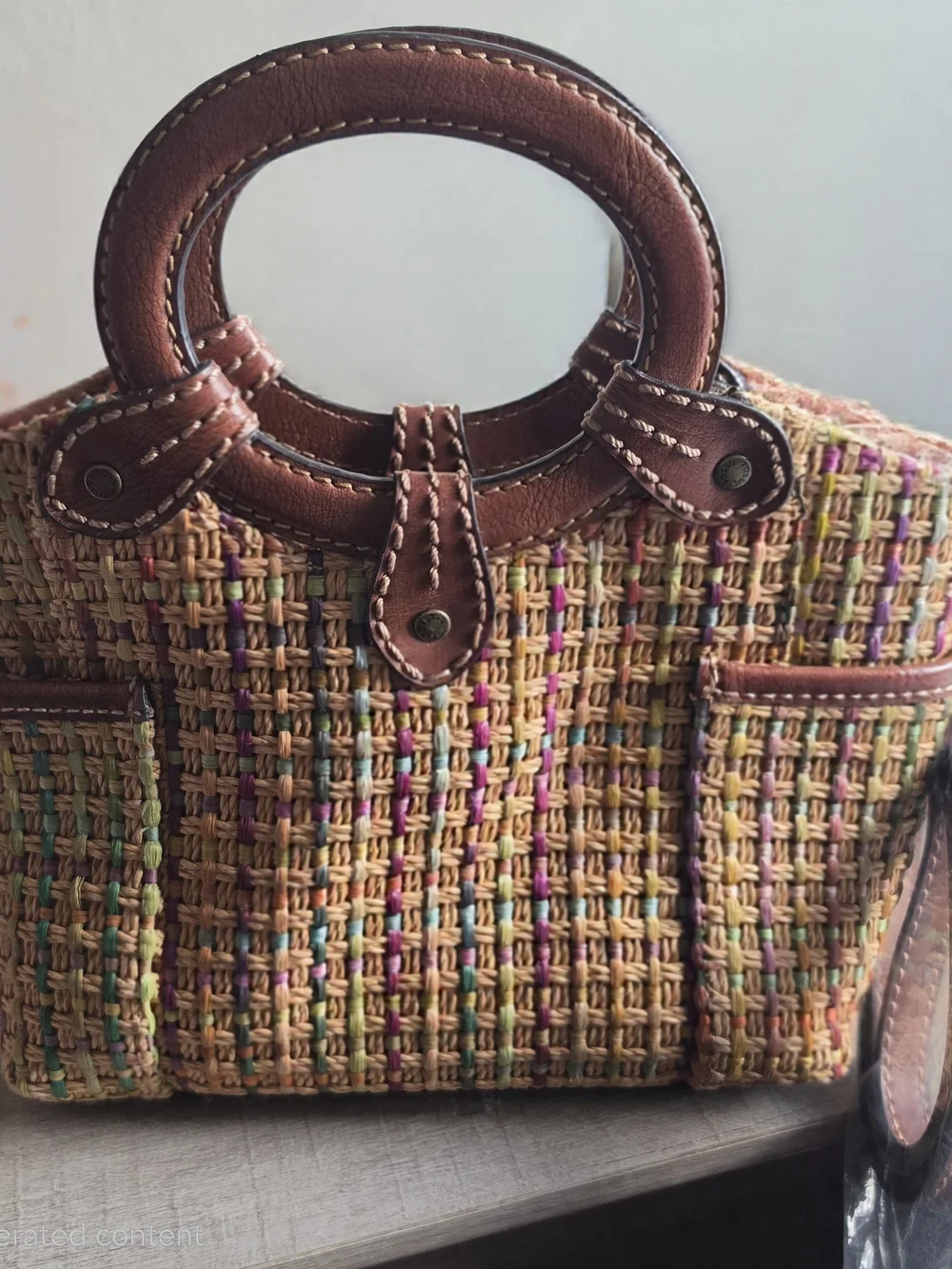 Vtg Woven Multicolor Pink Purple Green Straw Tote Brown Leather Handles & Strap